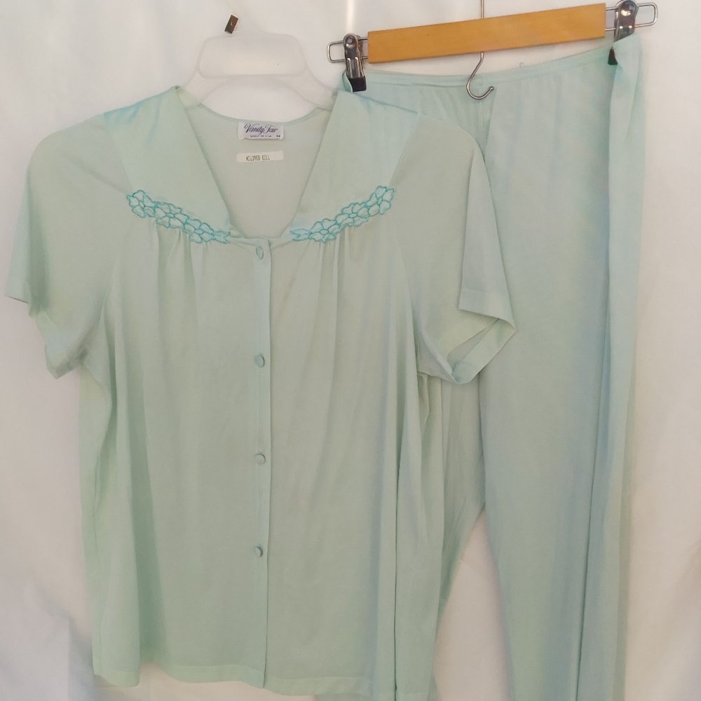 Vintage Vanity Fair Nylon Pajama Set M Cloth Buttons Short Sleeve Long Pants 80s